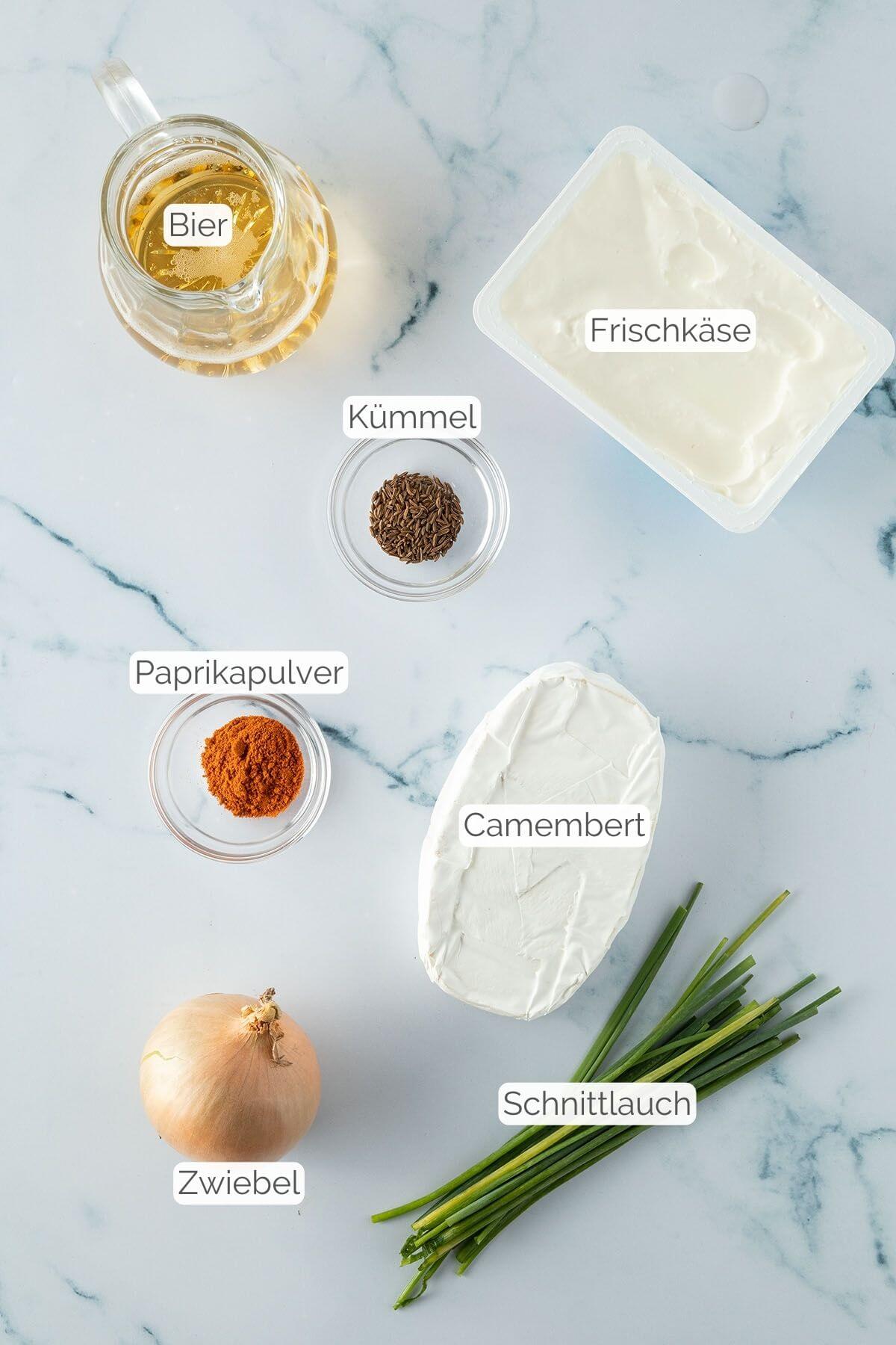 Foto aller Zutaten mit jeweiligen Textbeschriftungen, die f&uuml;r einen Obazda ohne Butter ben&ouml;tigt werden.