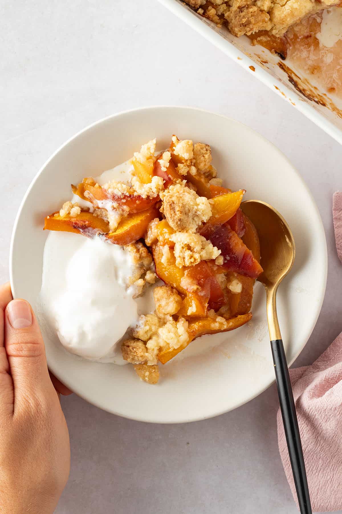 Eine Portion Obst Crumble auf einem Teller mit Vanilleeis, restlicher Crumble im Bildrand.