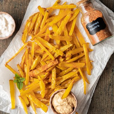 Eine Portion selbst gemachter Pommes mit zweierlei Dips, daneben ein Gl&auml;schen mit selbstgemachten Pommes Gew&uuml;rz.