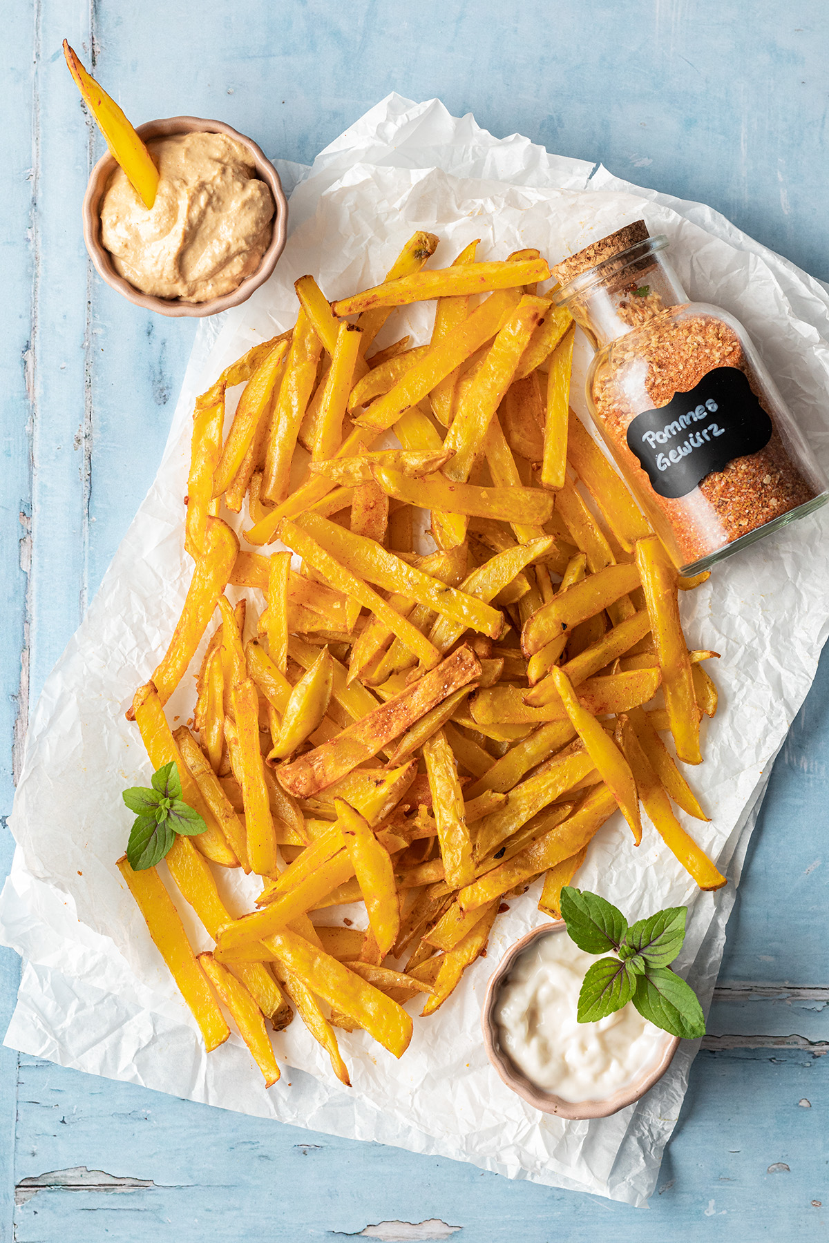 Eine Portion selbst gemachter Pommes mit zweierlei Dips, daneben ein Gl&auml;schen mit selbstgemachten Pommes Gew&uuml;rz.