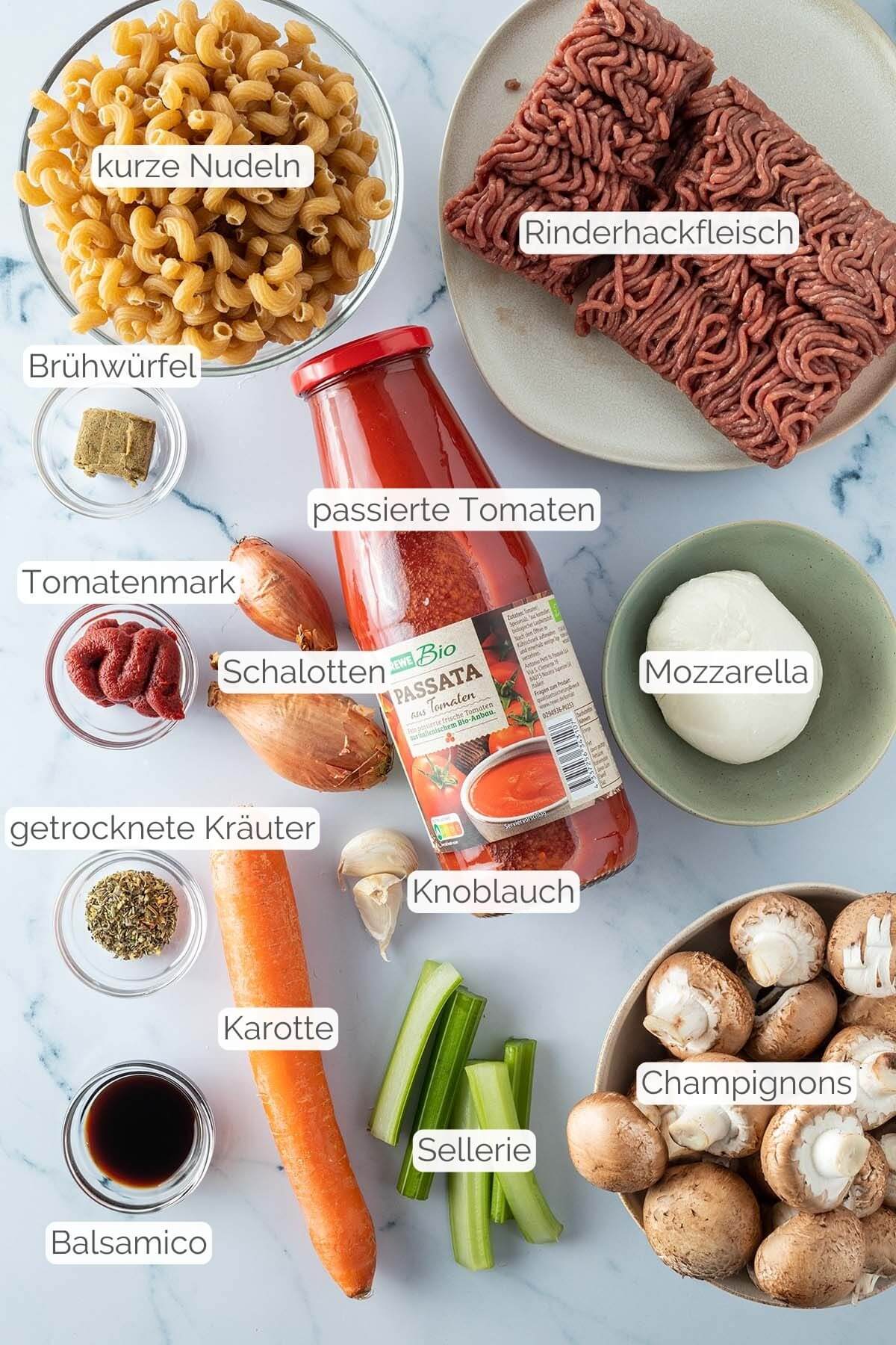 Foto aller Zutaten mit jeweiligen Textbeschriftungen, die f&uuml;r den Lasagne One Pot ben&ouml;tigt werden.