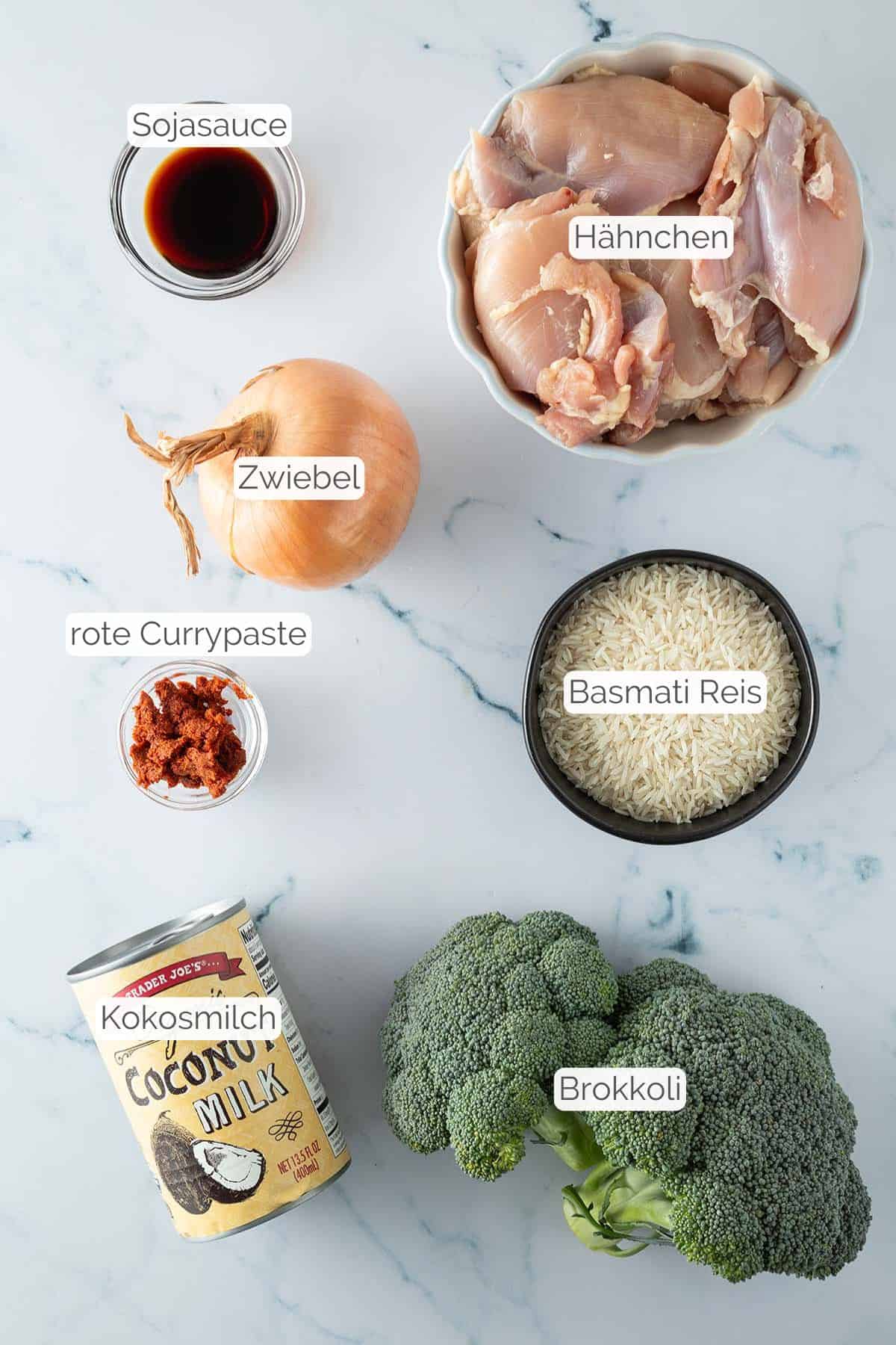 Alle Zutaten mit Textbeschriftungen, die f&uuml;r die One Pot Reispfanne mit H&auml;hnchen ben&ouml;tigt werden.