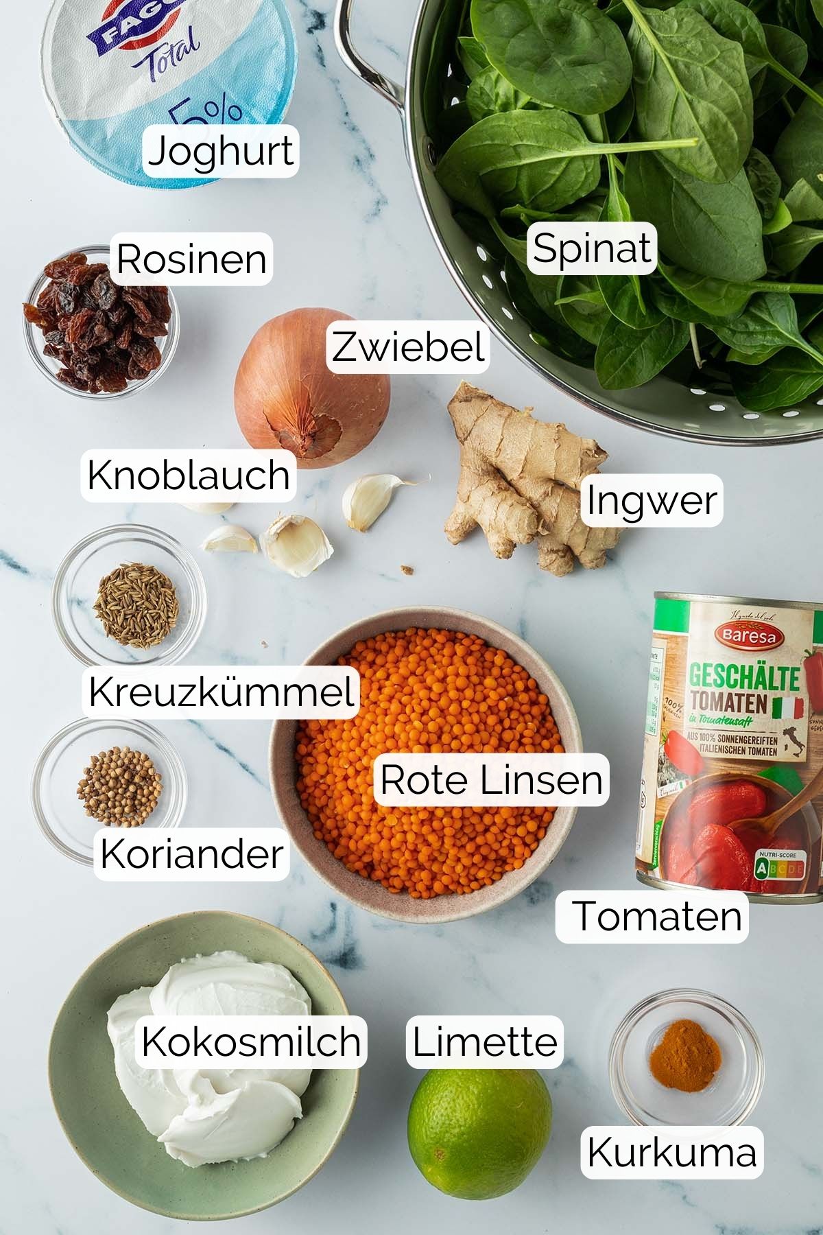 Bild aller Zutaten, die f&uuml;r das Rezept ben&ouml;tigt werden, mit jeweiligen Text Labels dazu.