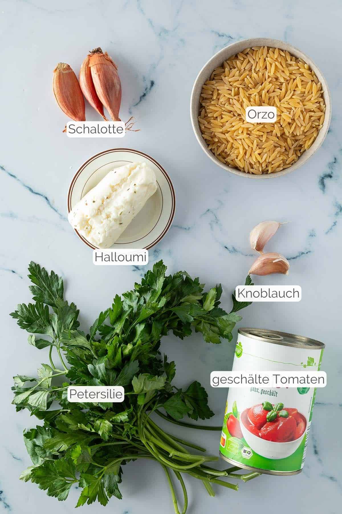 Alle Zutaten mit jeweiligen Textbeschriftungen, die f&uuml;r das vegetarische Orzo Risotto ben&ouml;tigt werden.