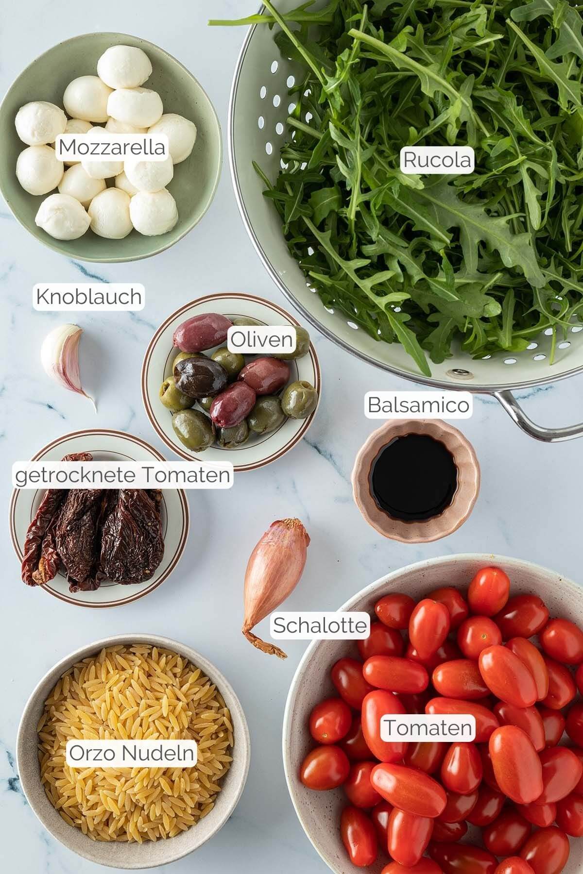 Foto aller Zutaten mit jeweiligen Textbeschriftungen, die f&uuml;r den Orzo Salat ben&ouml;tigt werden.
