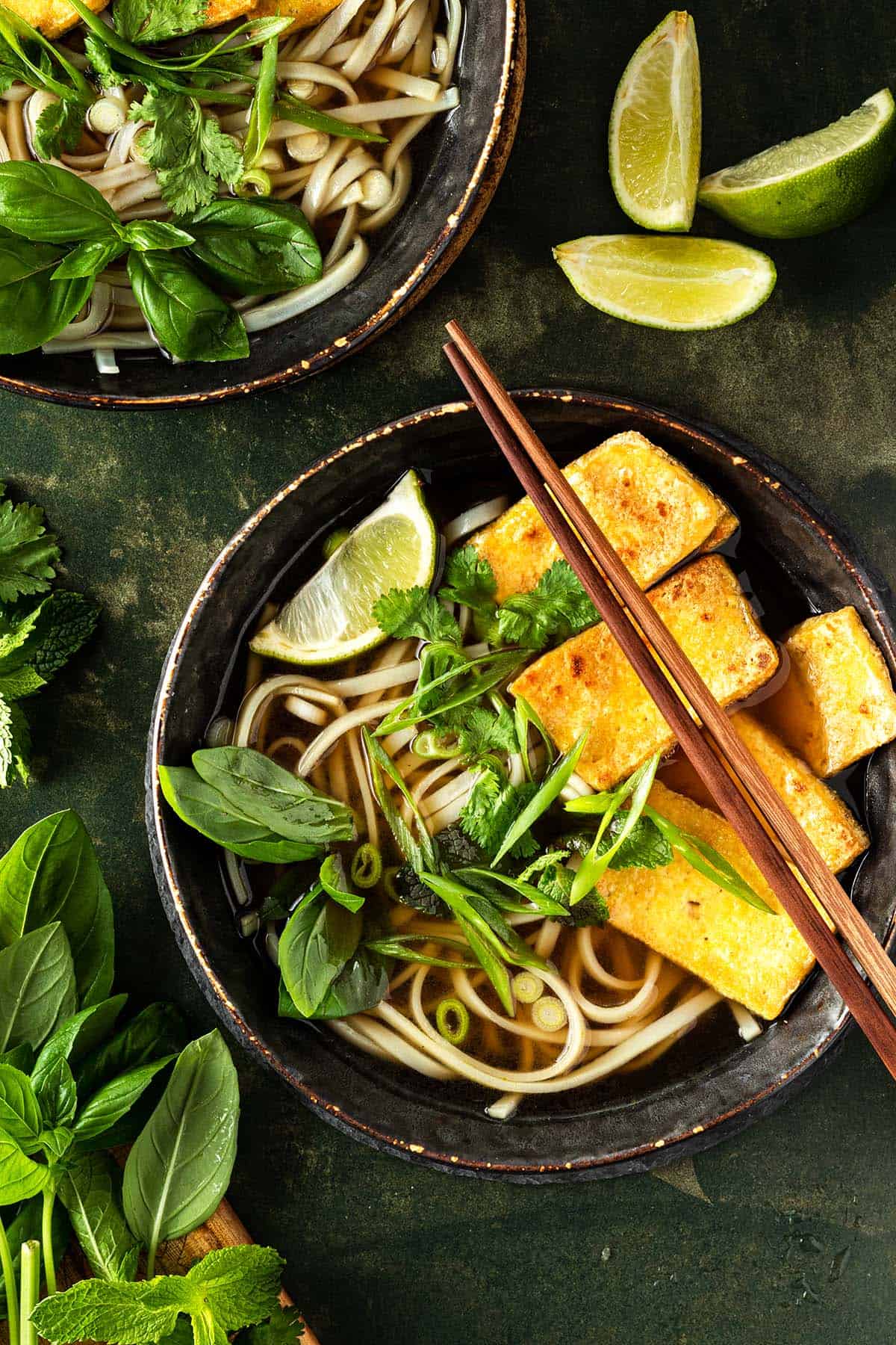 Zwei Sch&uuml;ssel Pho Suppe mit Nudeln, gebratenen Tofuscheiben und frischen Kr&auml;utern, Deko im Bildrand.