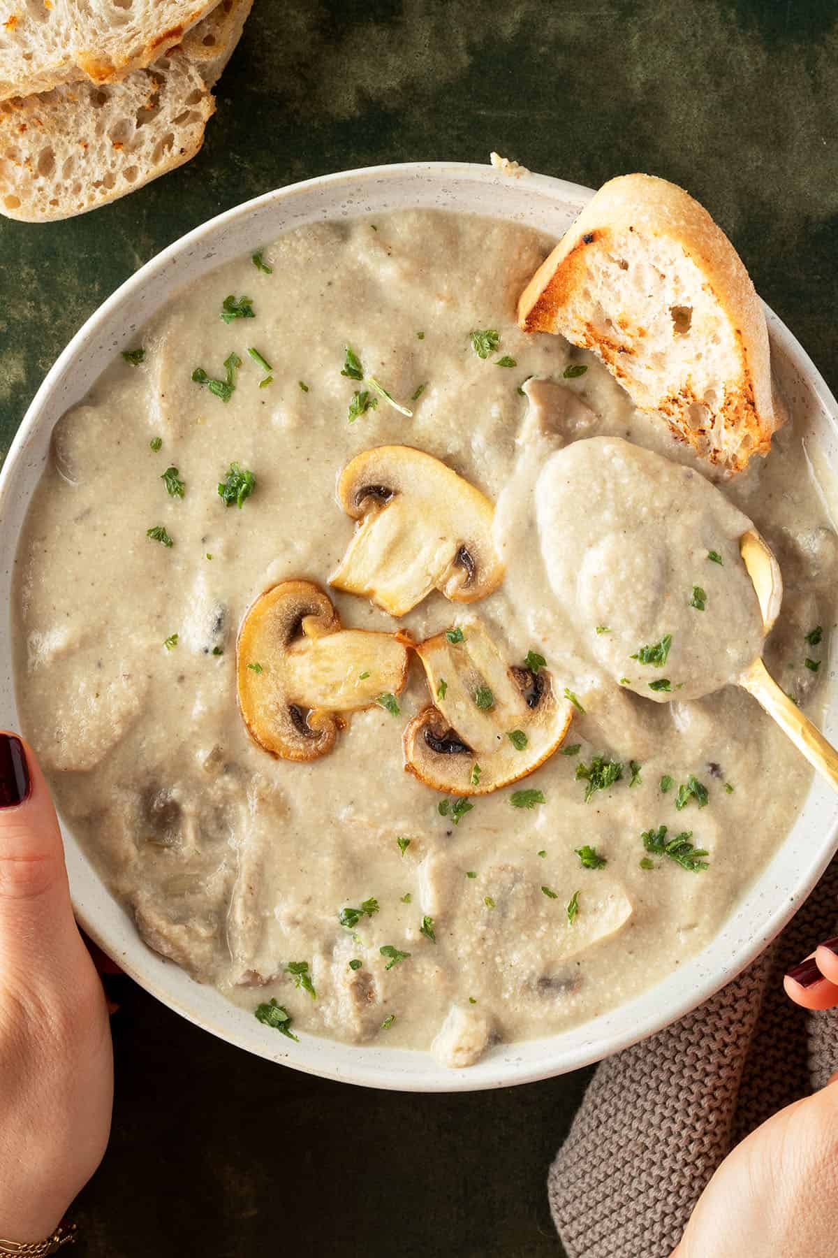 Eine Sch&uuml;ssel mit cremige Pilzzsuppe serviert mit knusprigem Brot, in der ein L&ouml;ffel eingetunkt wurden.