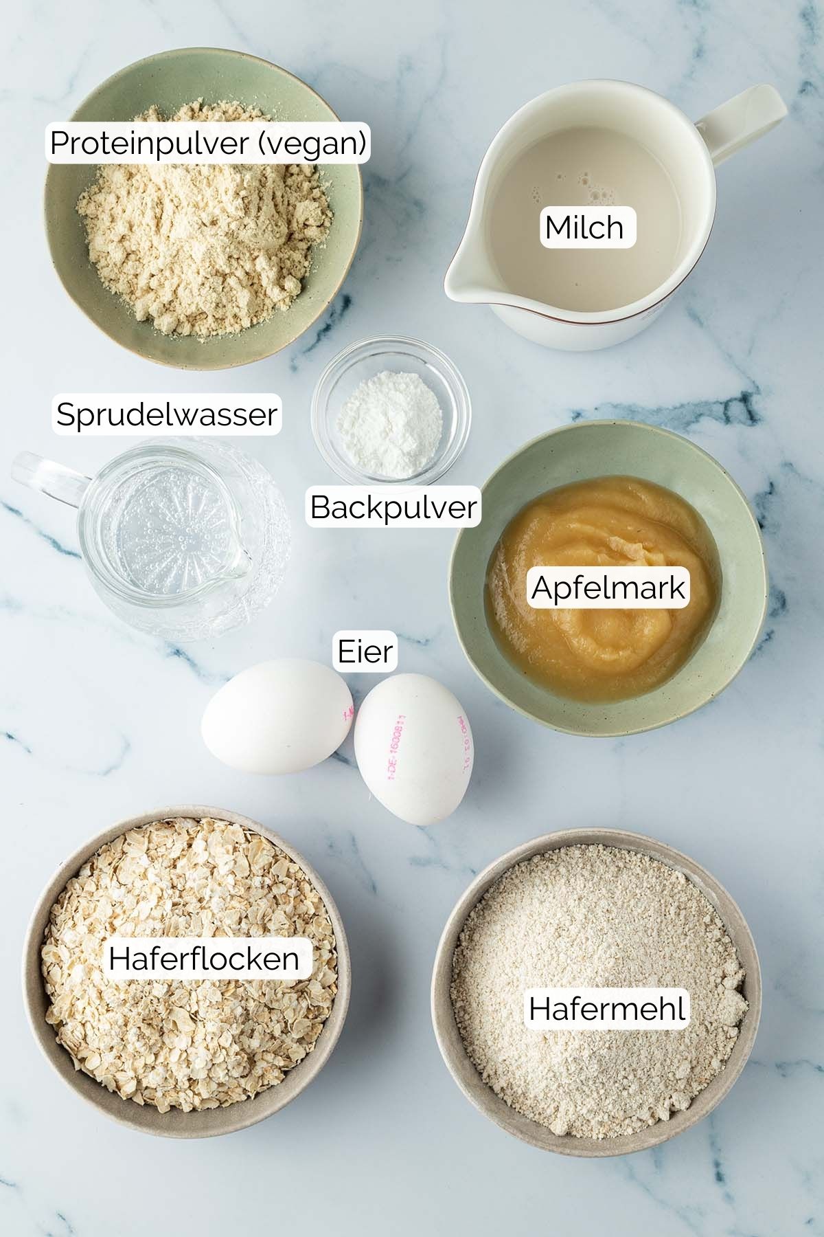 Bild aller Zutaten, die für das Rezept benötigt werden, sowie passenden Textlabels zu jedem Lebensmittel auf dem Bild.