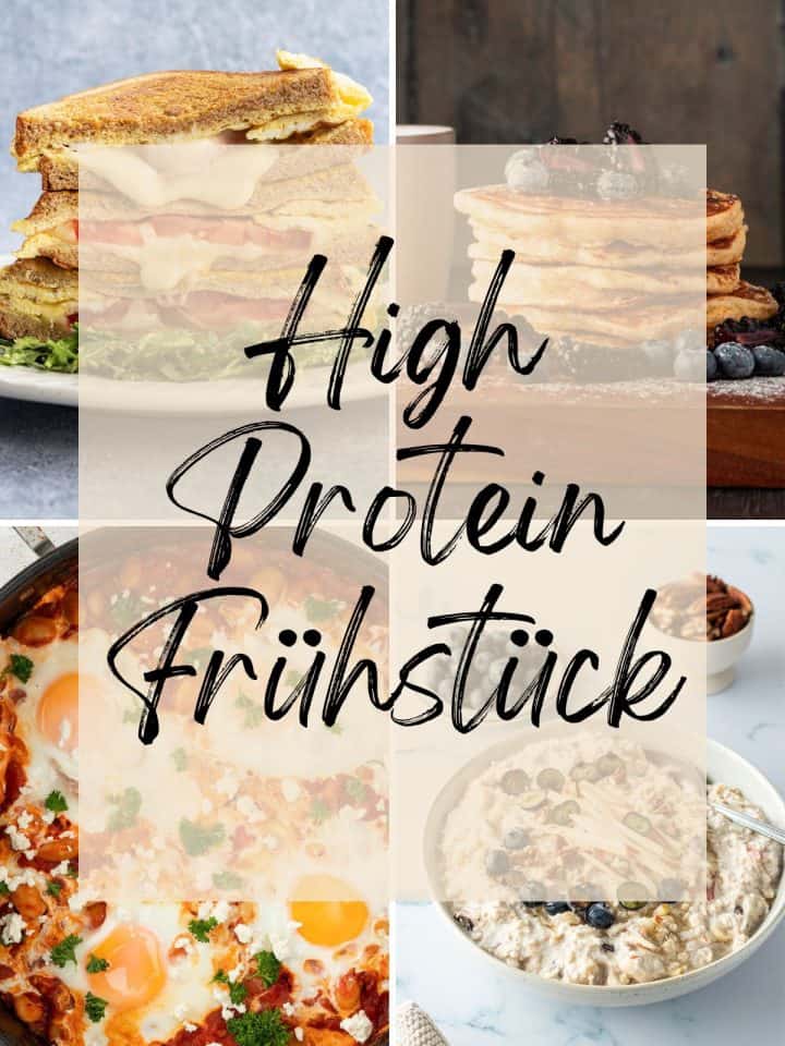 Collage aus vier Bildern von unterschiedlichen Fr&uuml;hst&uuml;cksgerichten mit dem Textzug "High Protein Fr&uuml;hst&uuml;ck".