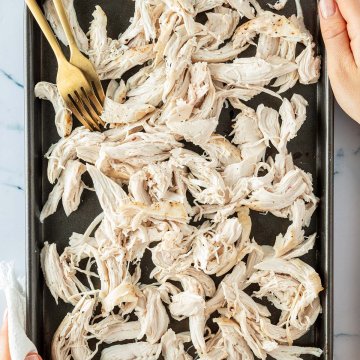 Pulled Chicken auf einem Blech mit zwei Gabeln zwei H&auml;nde im Bildrand, die das Blech halten.