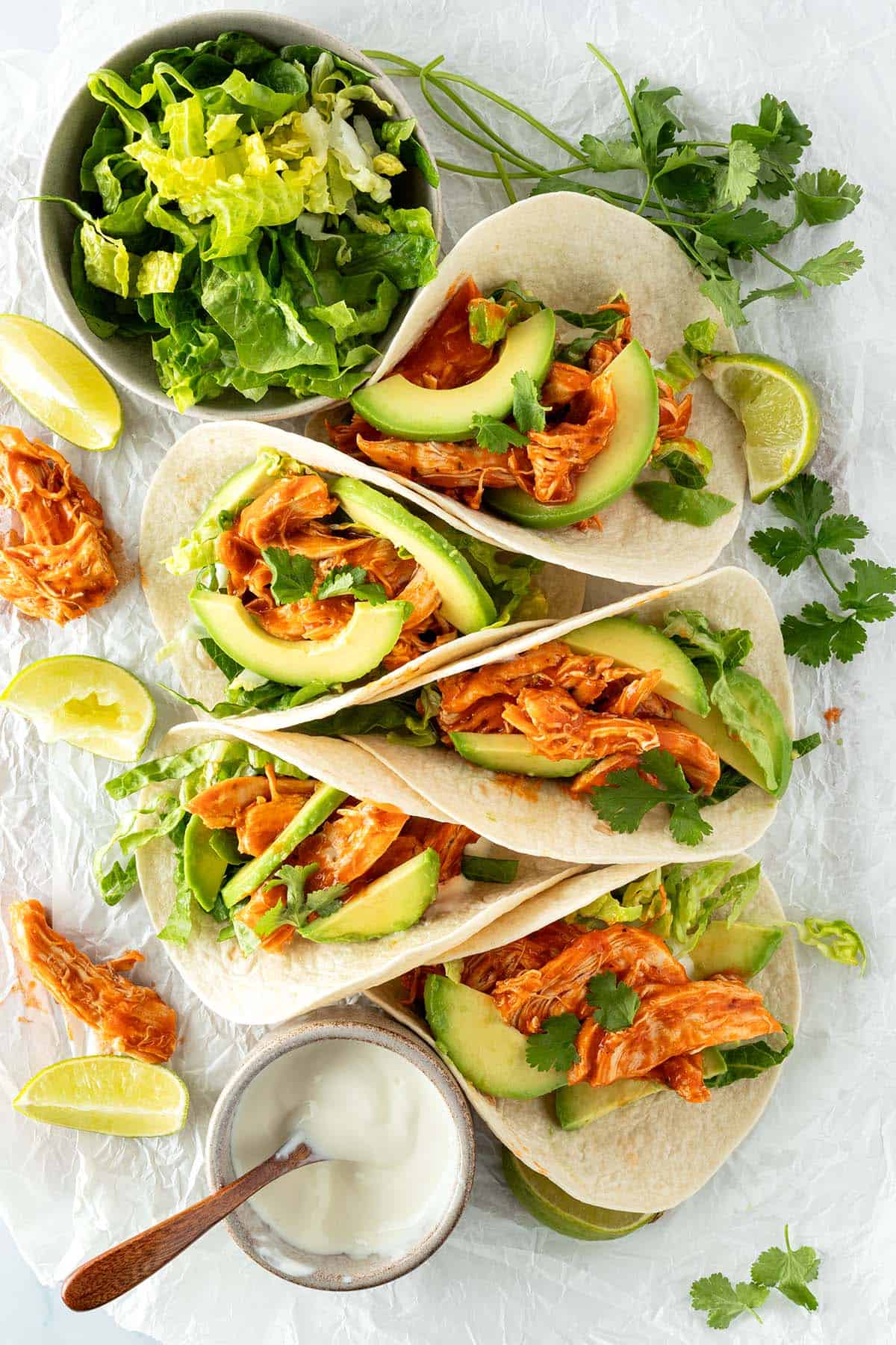 F&uuml;nf Tacos mit Pulled Chicken, Avocado und Salat auf einem wei&szlig;en Untergrund mit frischen Kr&auml;utern, Salat und saurer Sahne.