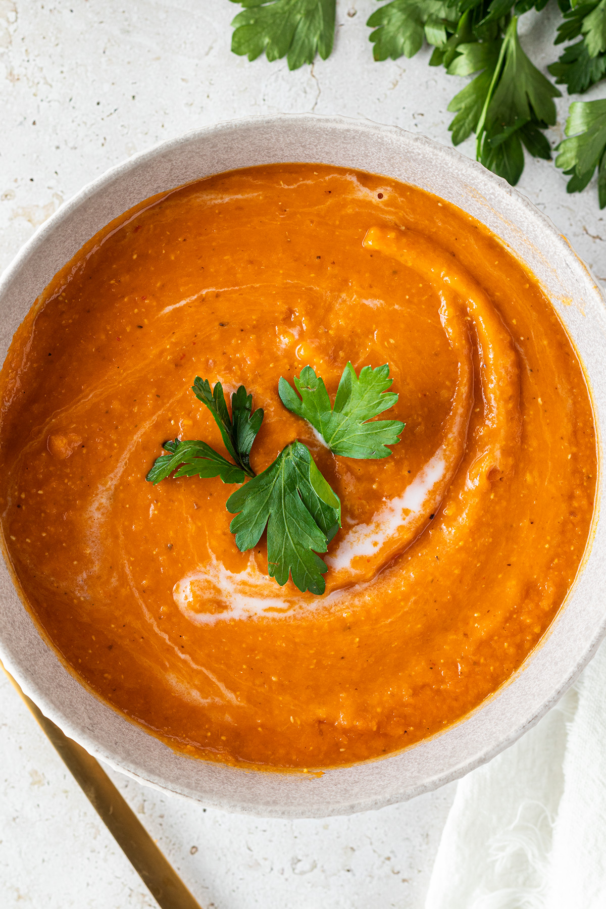 Cremige rote Linsensuppe mit Kokosmilch in einer Sch&uuml;ssel, dekoriert mit frischen Korianderbl&auml;ttern.