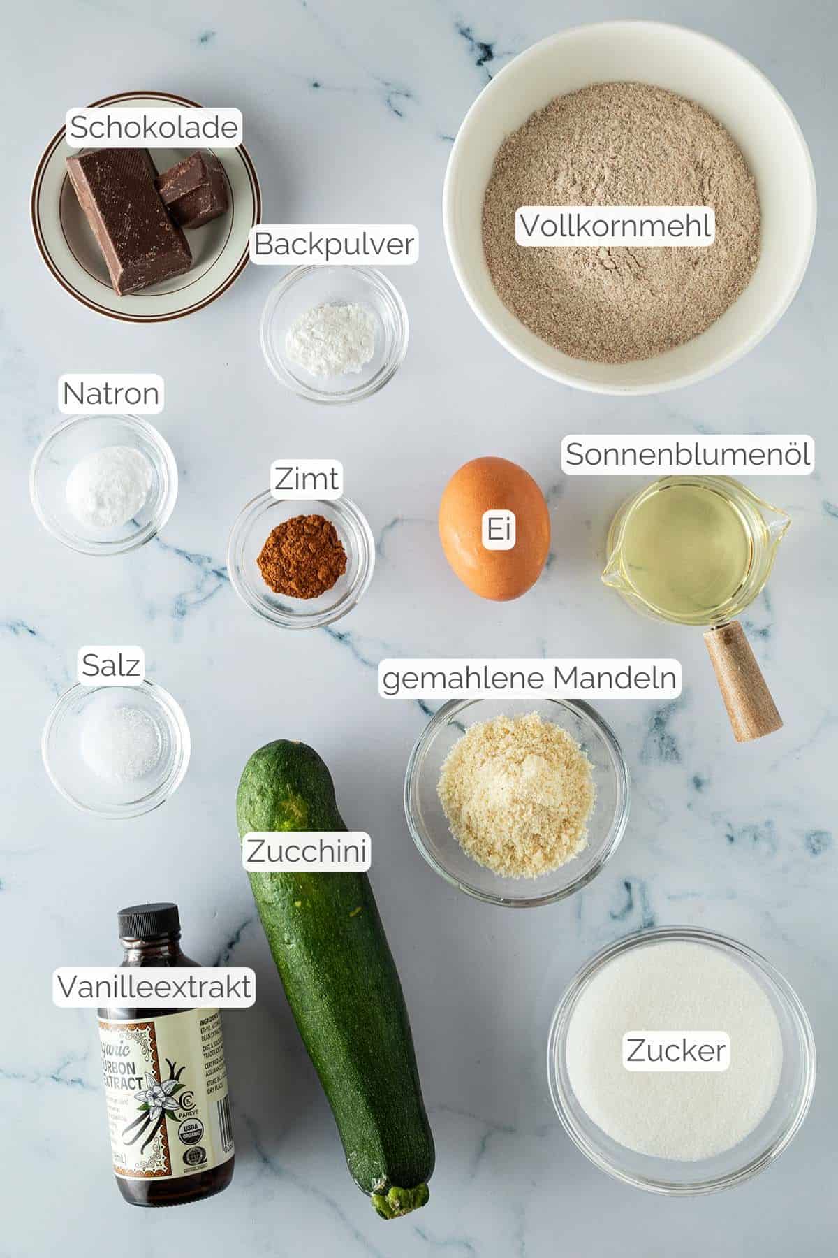 Alle Zutaten mit jeweiligen Textbeschriftungen, die f&uuml;r Schoko Zucchini Muffins ben&ouml;tigt werden.