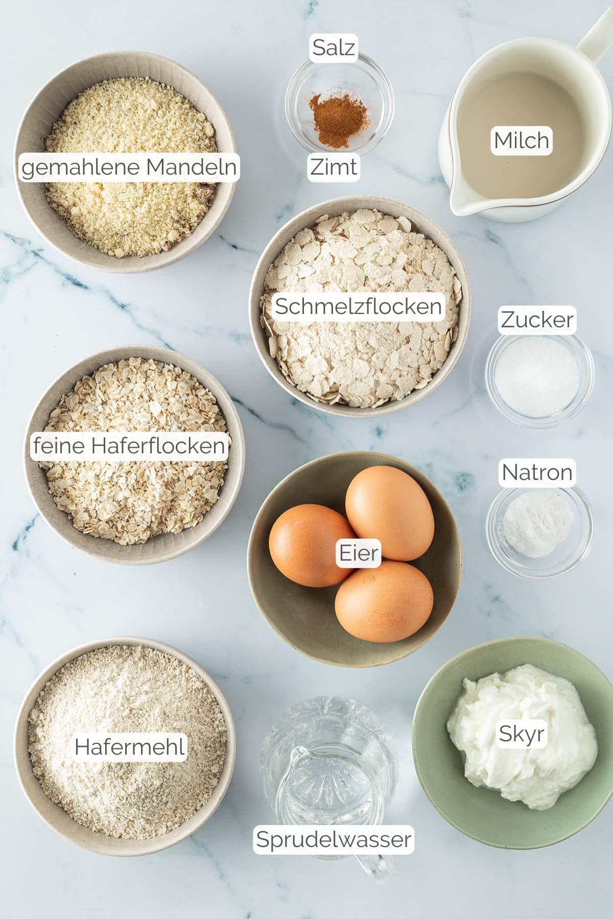 Alle Zutaten mit jeweiligen Textbeschriftungen, die f&uuml;r Skyr Pancakes ben&ouml;tigt werden.