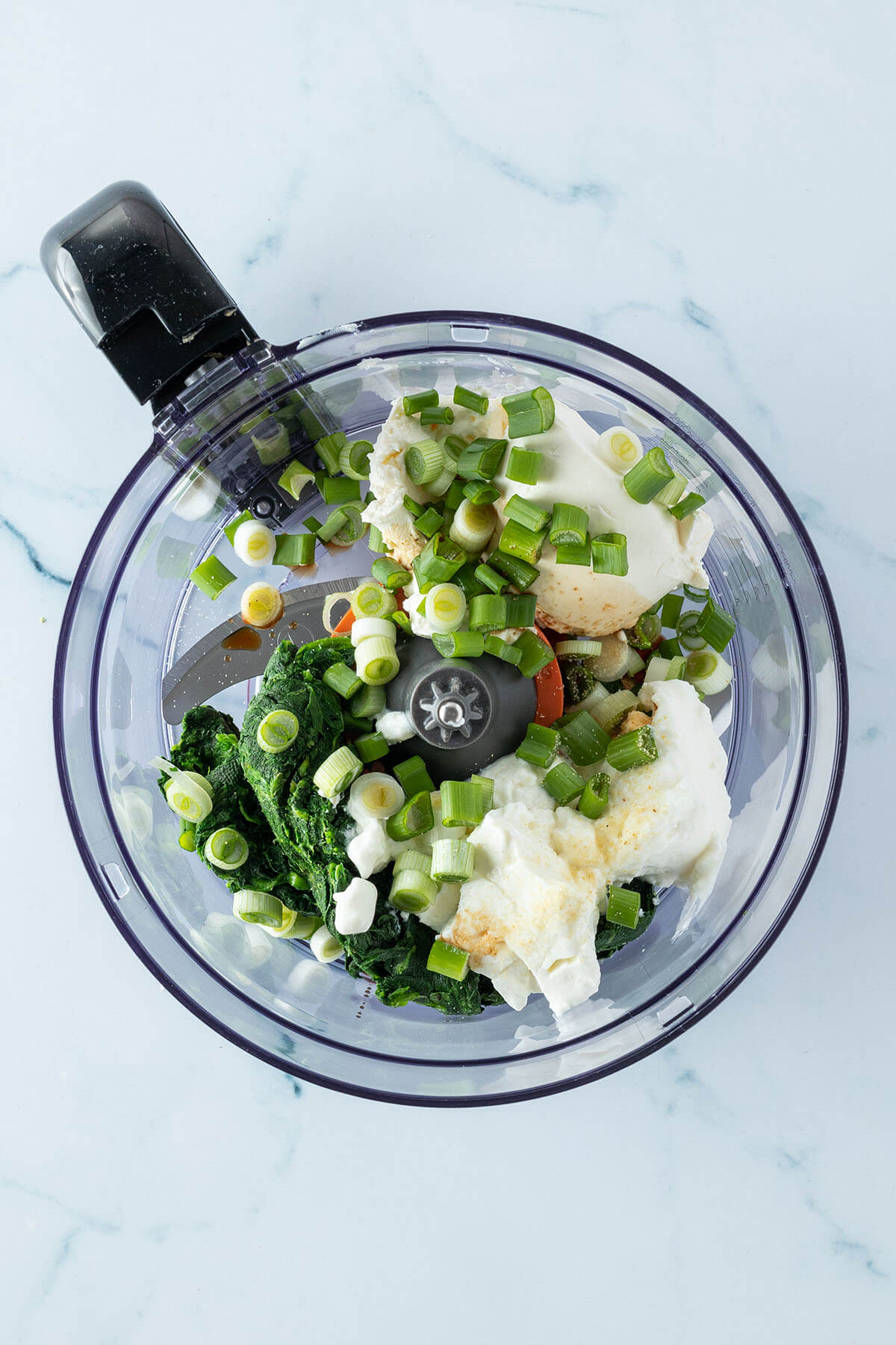Alle Zutaten f&uuml;r den Spinat Dip in einem Food Processor.