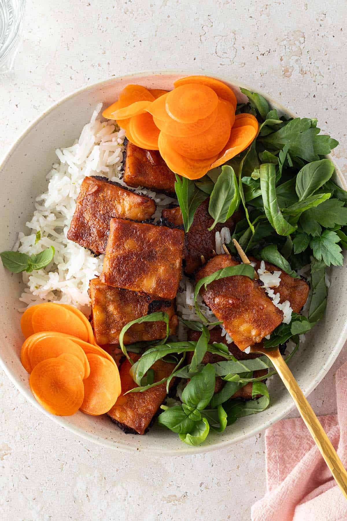 Tempeh Bowl mit frischen Kr&auml;utern, Reis, Karotten und knusprigen Erdnuss-Tempeh.