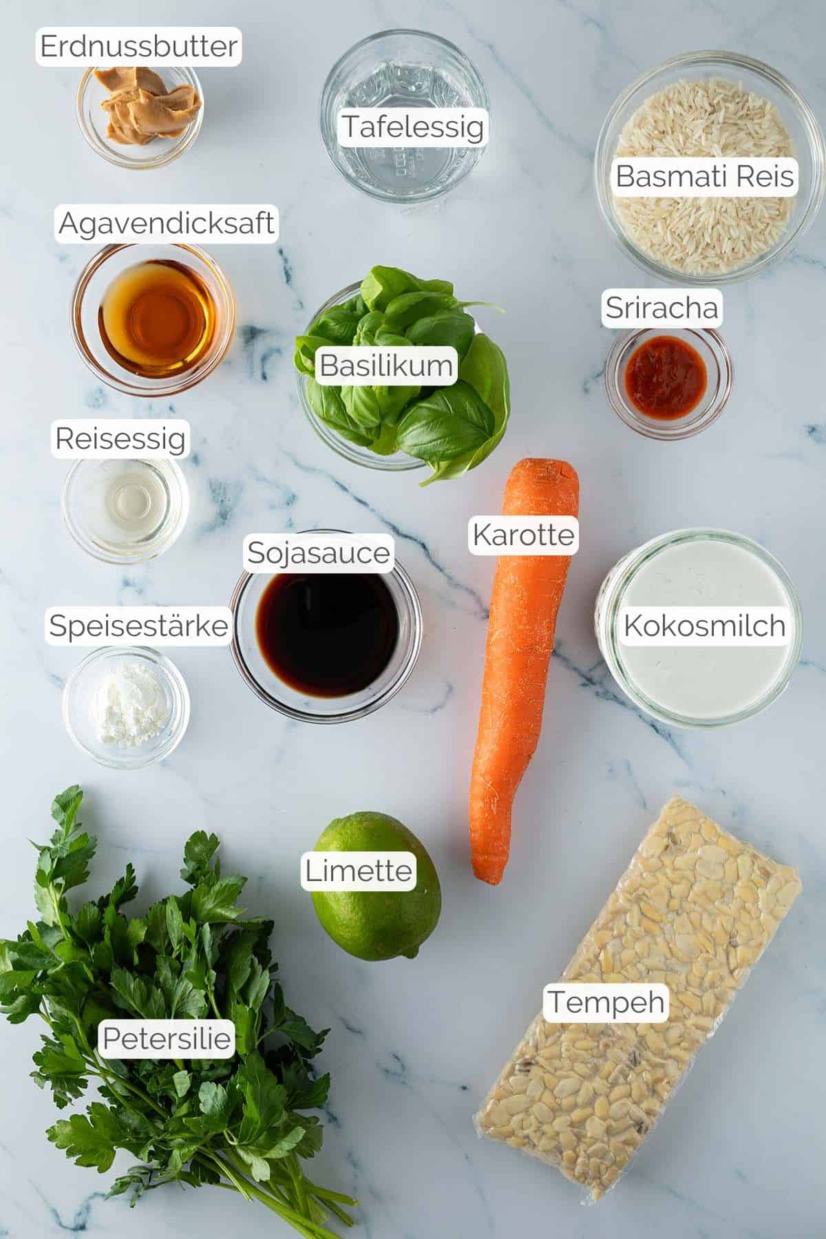Alle Zutaten mit Textbeschreibungen, die f&uuml;r die Tempeh Bowl ben&ouml;tigt werden.
