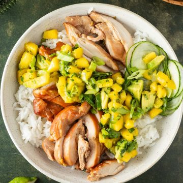 Teriyaki Bowl mit H&auml;hnchen, Reis, Mango-Salsa und Gurken auf dunkelgr&uuml;nen Untergrund, Deko im Bildrand.