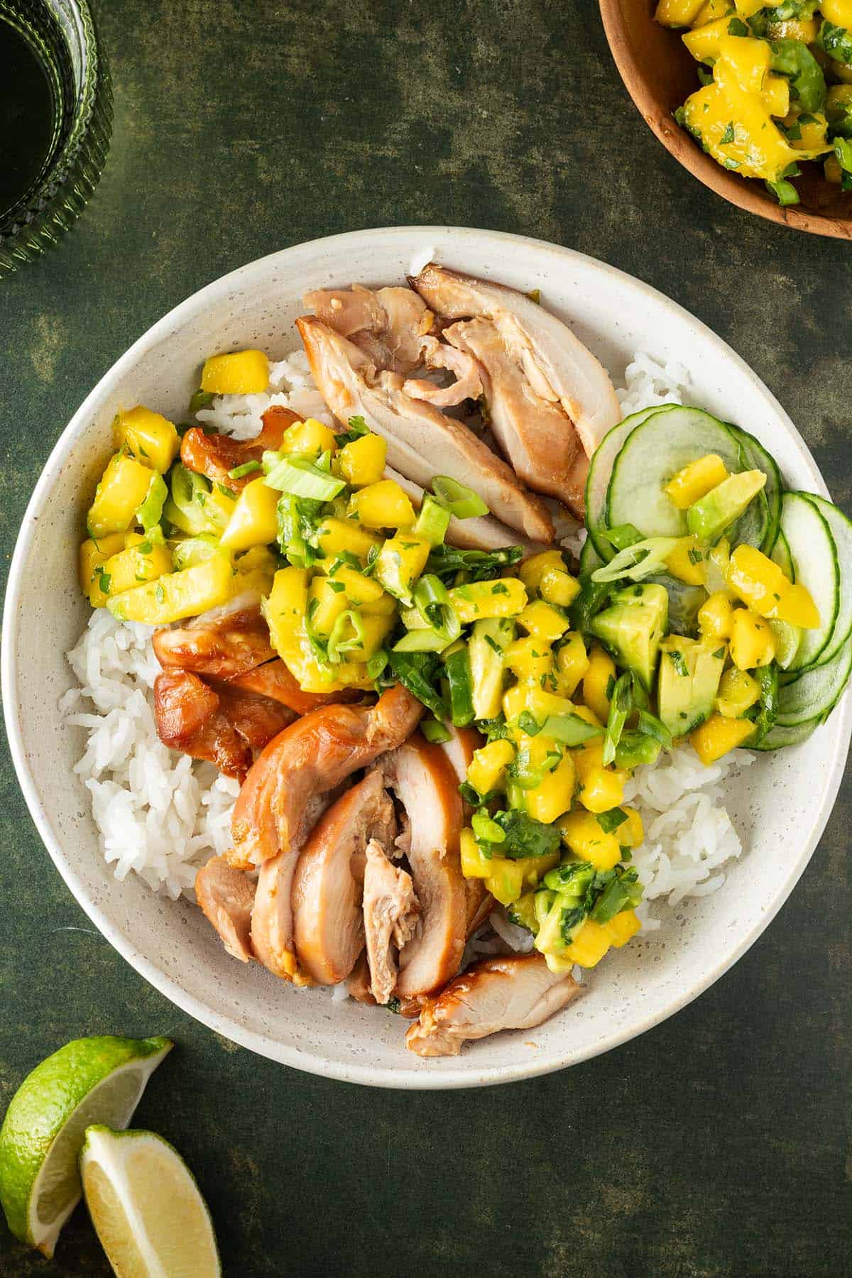 Teriyaki Bowl mit H&auml;hnchen, Reis, Mango-Salsa und Gurken auf dunkelgr&uuml;nen Untergrund, Deko im Bildrand.