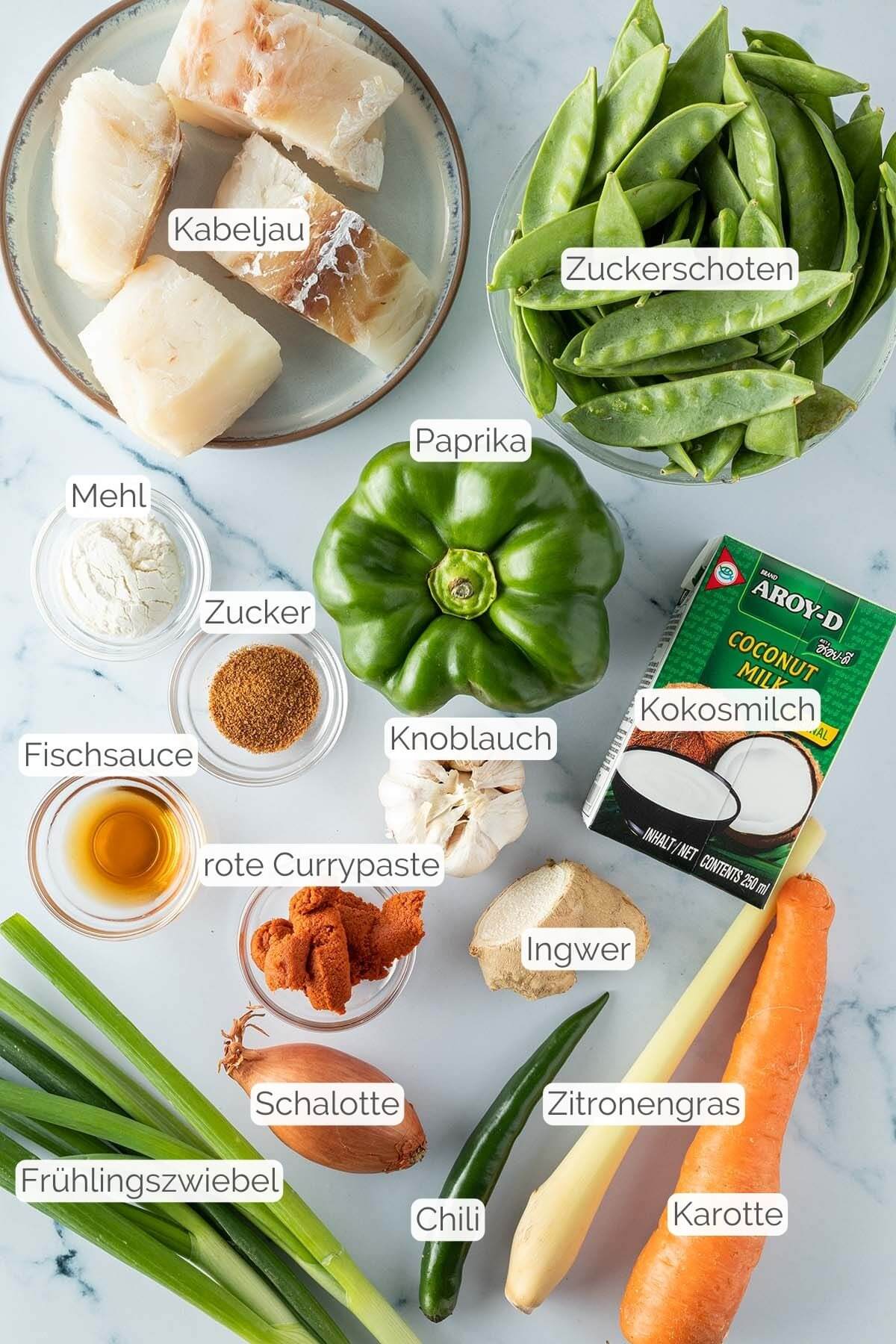 Foto aller Zutaten mit jeweiligen Textbeschriftungen, die f&uuml;r das Thai Fisch Curry ben&ouml;tigt werden.