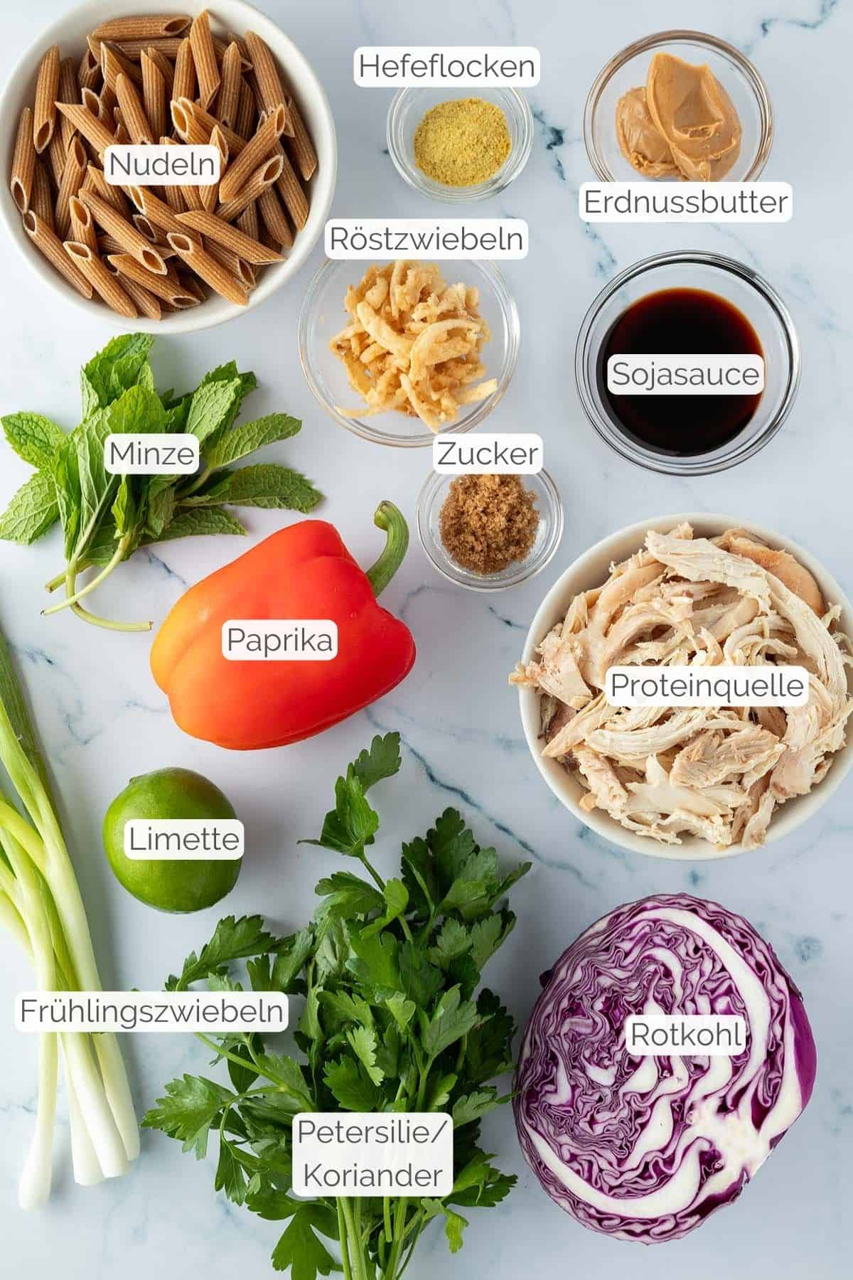 Alle Zutaten mit Textbeschriftungen, die f&uuml;r den Thai Crunch Salat ben&ouml;tigt werden.