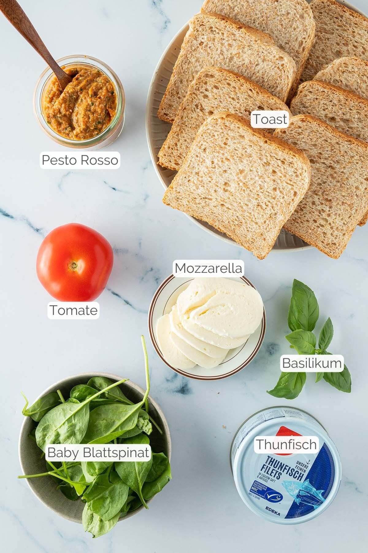 Foto aller Zutaten mit jeweiligen Textbeschriftungen, die f&uuml;r die Thunfisch Sandwiches ben&ouml;tigt werden.
