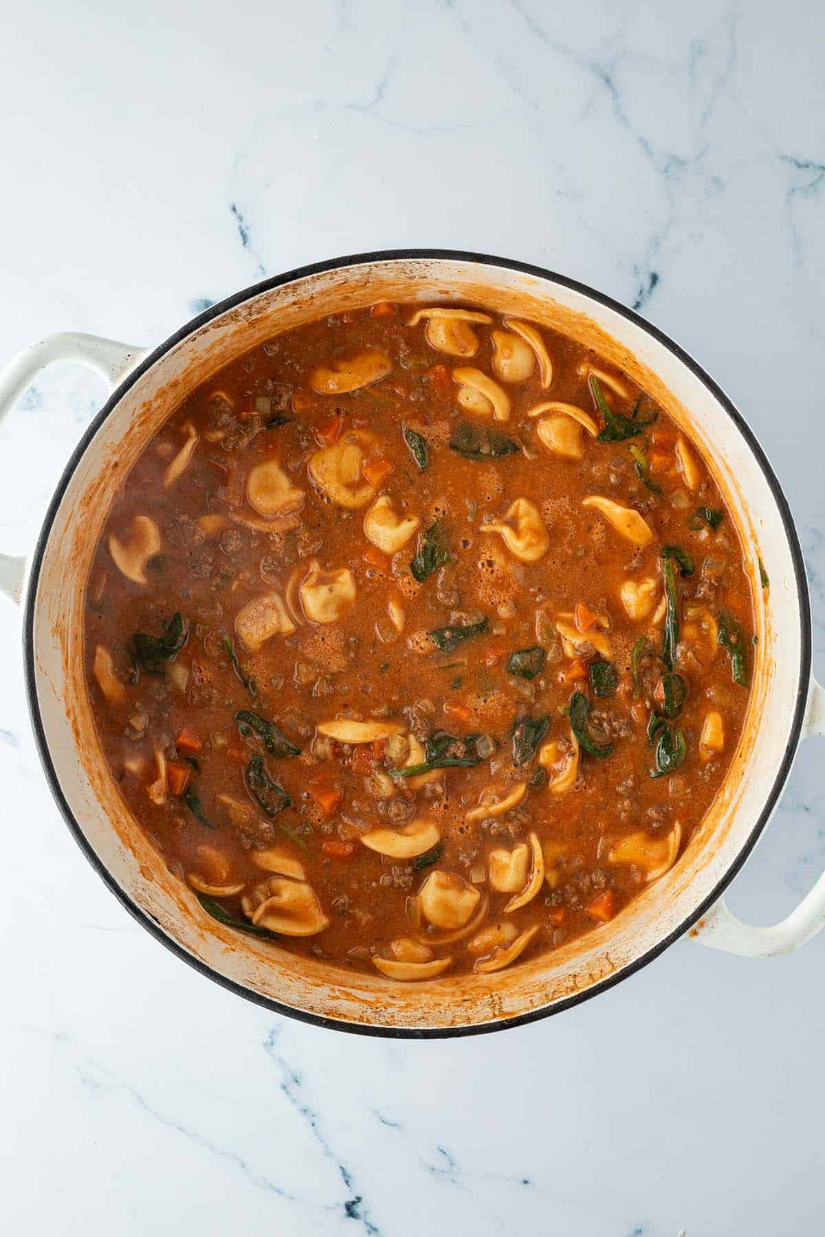 Fertig gekochte Tortellini Suppe in einem gro&szlig;en Topf.
