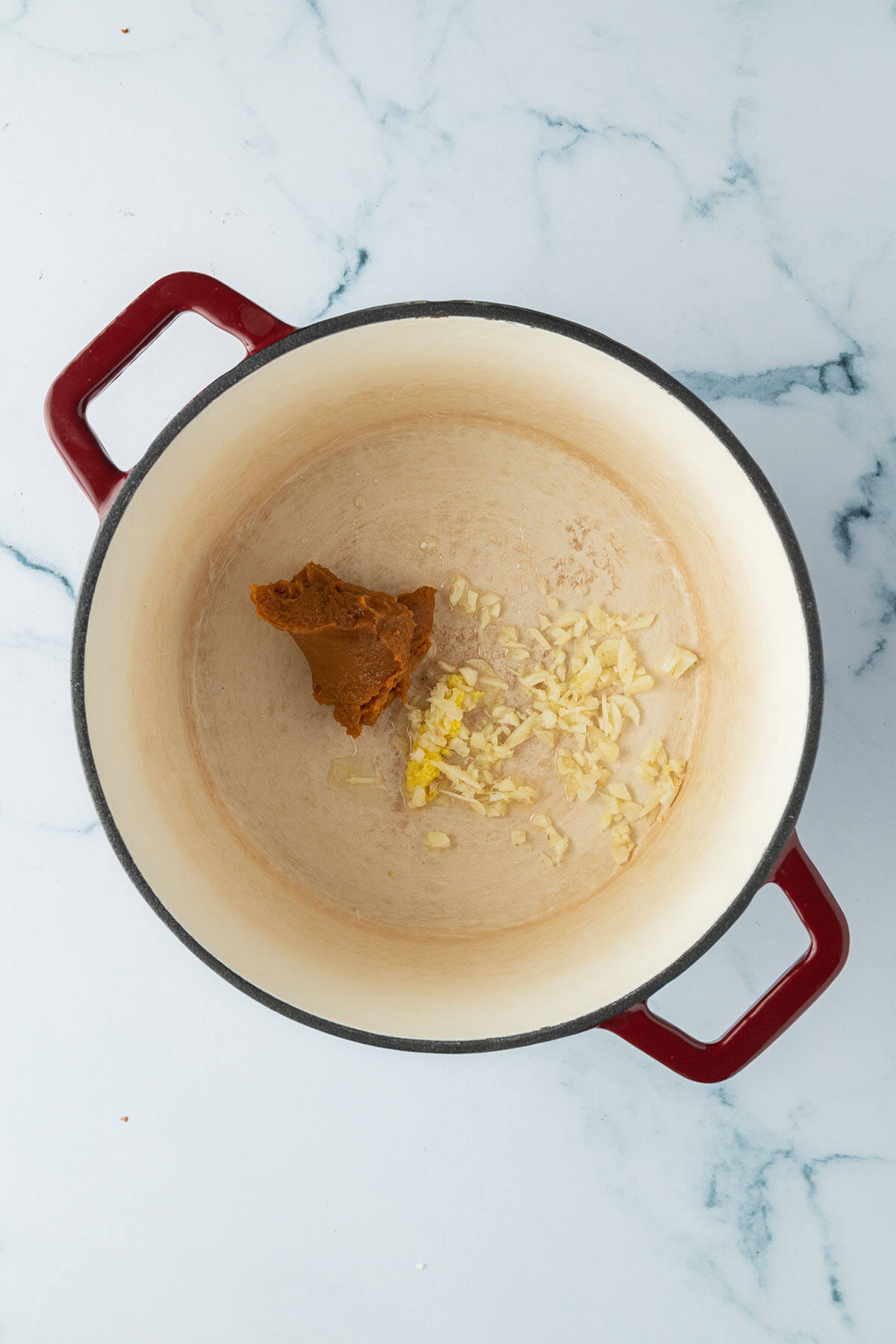 Vogelperspektive auf einen Topf mit Miso Paste, Knoblauch und geriebenen Ingwer.