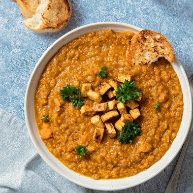 Vegetarischer Linseneintopf serviert mit knusprigen Brotscheiben und kleinen Tofu-W&uuml;rfeln aus Einlage.