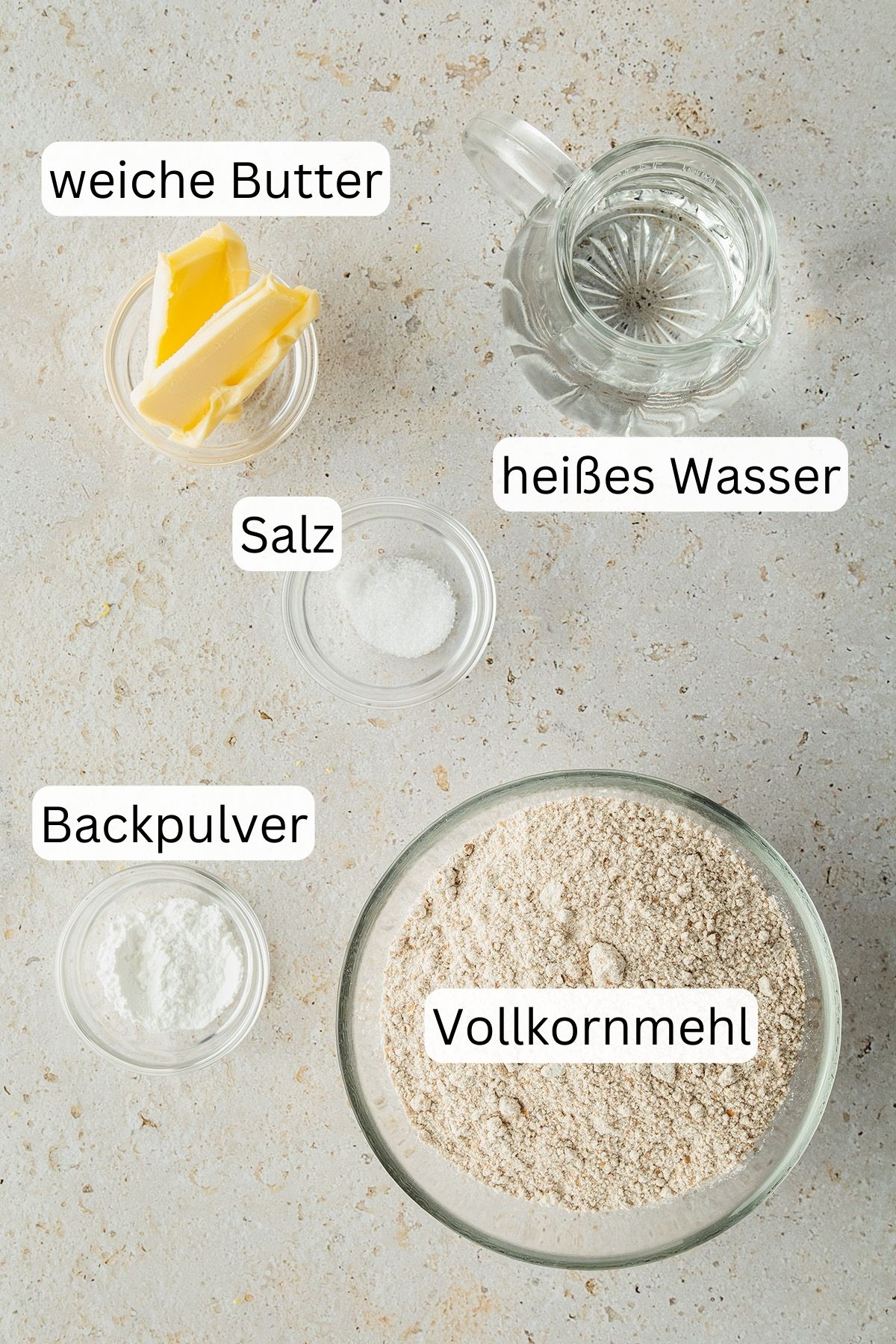 Bild der einzelnen Zutaten, die f&uuml;r das Rezept ben&ouml;tigt werden, mit Textlabels dar&uuml;ber.