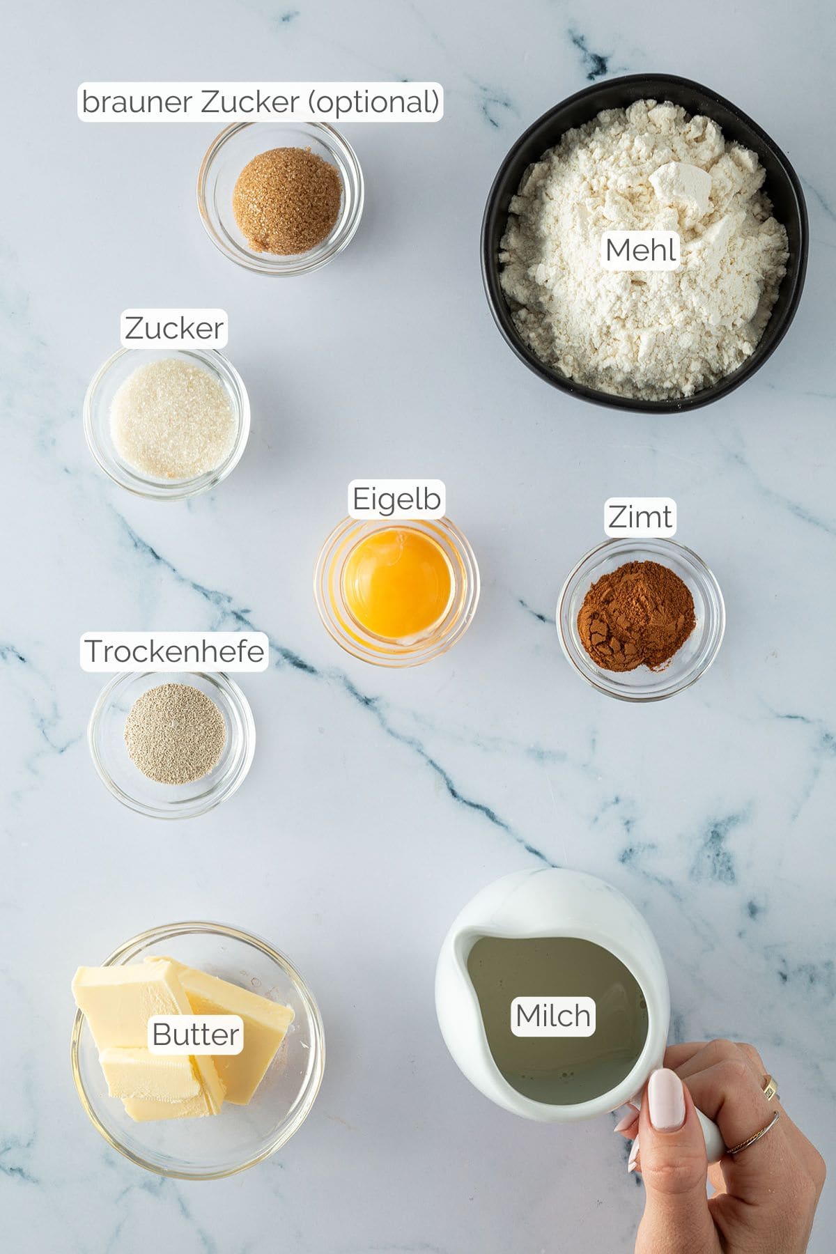 Alle Zutaten mit jeweiliger Textbeschriftung, die f&uuml;r eine kleine Portion Zimtschnecken ben&ouml;tigt werden.